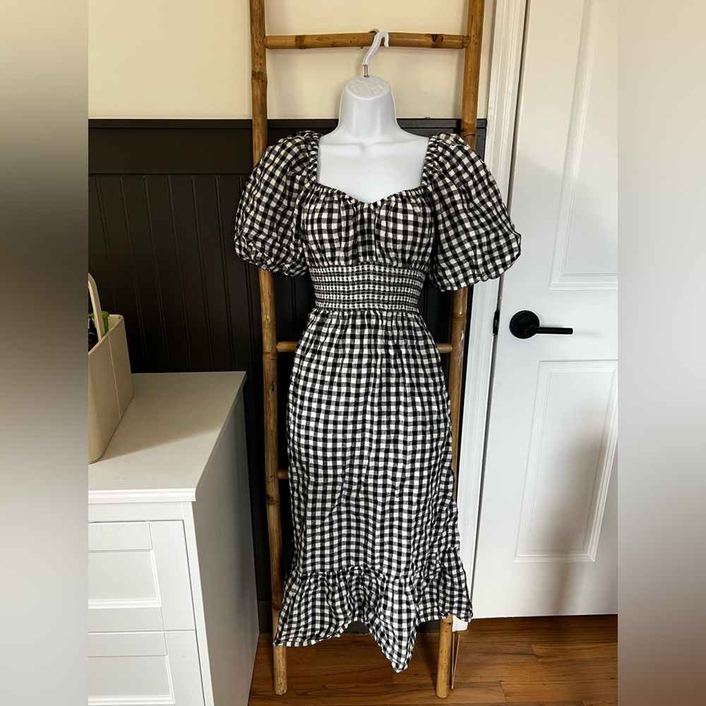 J. Crew Black and White Gingham Midi Dress